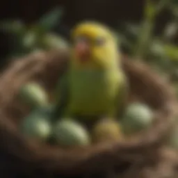 A parakeet laying eggs in a nest