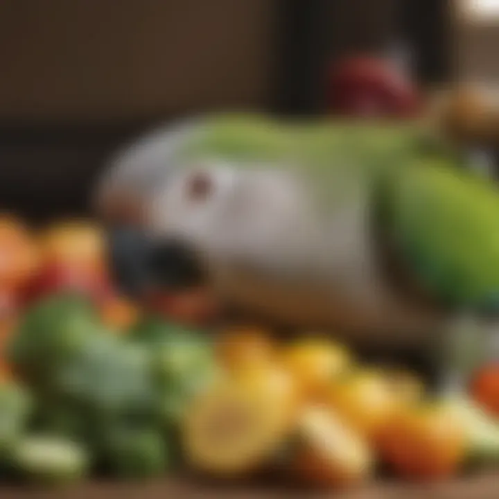 A close-up view of a Quaker parrot eating a variety of fresh fruits and vegetables.