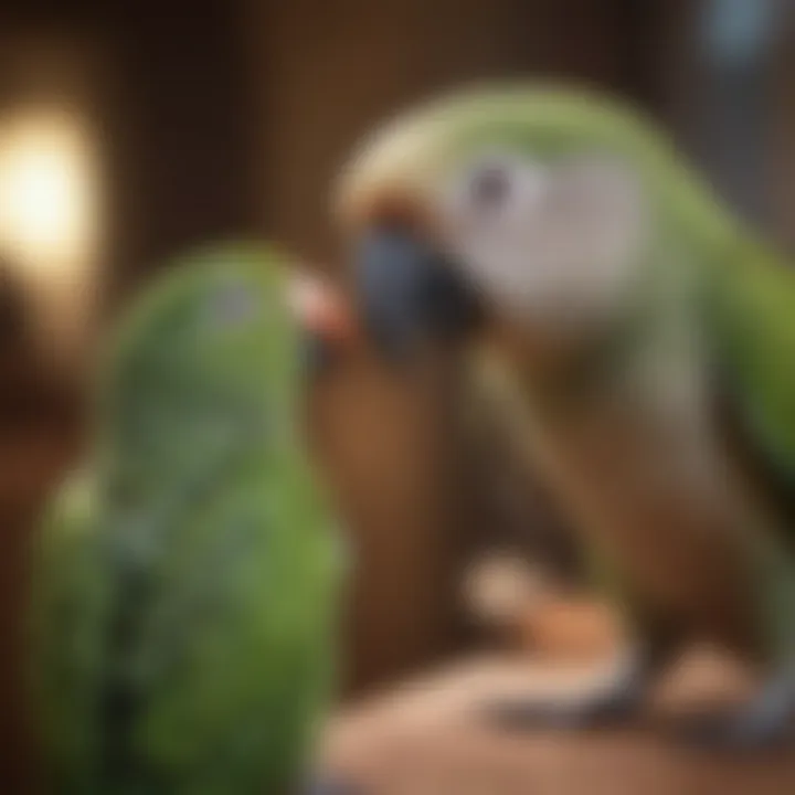 A Quaker parrot interacting playfully with its owner, illustrating companionship.