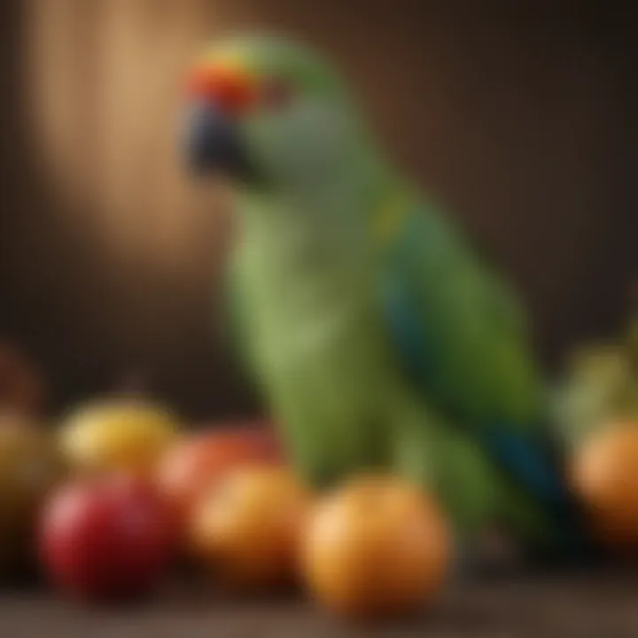 Healthy Ring Neck Parrot enjoying a variety of fresh fruits