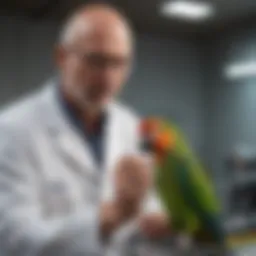 An avian vet examining a parrot in a clinical setting