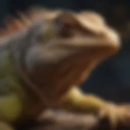 An elderly iguana basking under a heat lamp