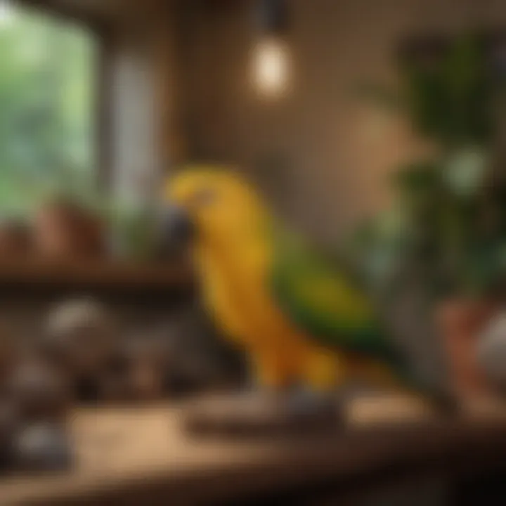 A cozy and well-decorated habitat for a Yellow Amazon parrot, highlighting its living space.