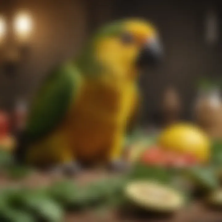 An array of nutritious foods suitable for a Yellow Amazon parrot, emphasizing dietary needs.