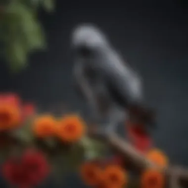 Timneh African Grey perched on a branch showcasing vibrant plumage