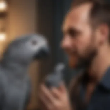 Timneh African Grey interacting playfully with its owner