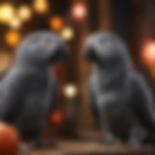 Colorful toys designed for African Grey parrots arranged in a display