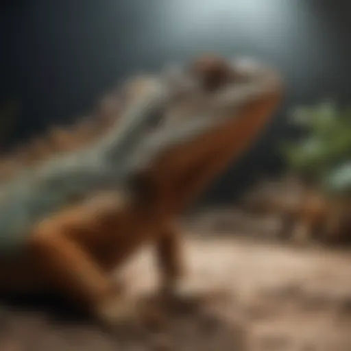 A vibrant iguana basking under a UVB light, showcasing its natural colors.