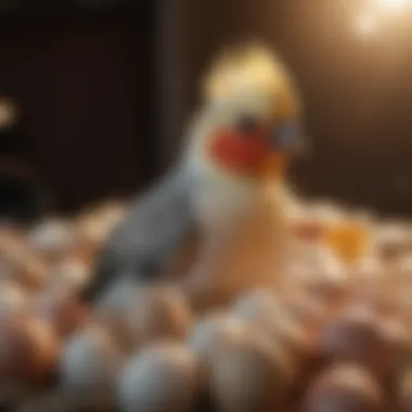 Close-up of a cockatiel sitting on its eggs