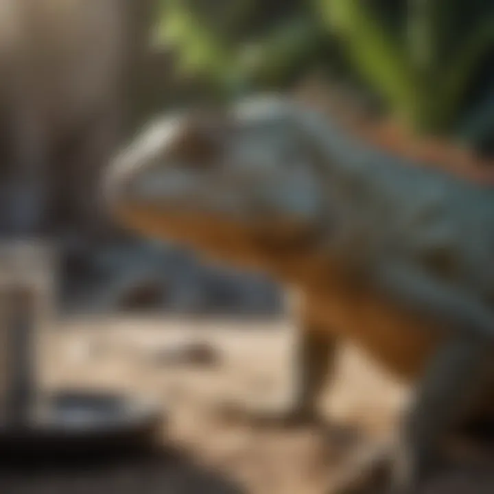 An iguana being monitored with a thermometer to ensure optimal temperature.
