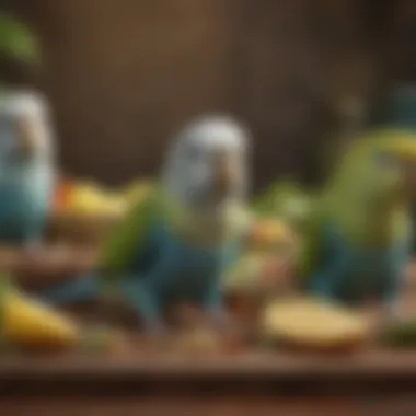 An assortment of parakeet species gathered around Dr. Harvey's food