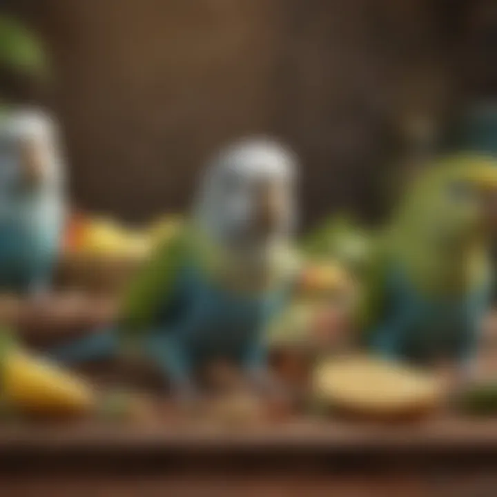 An assortment of parakeet species gathered around Dr. Harvey's food