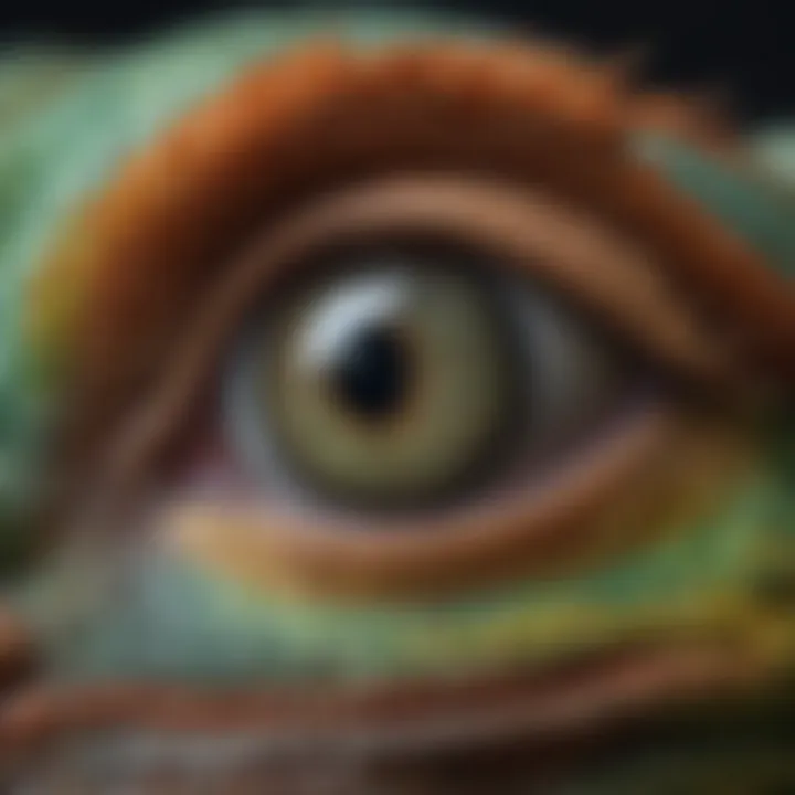 A close-up of the veiled chameleon's unique eye structure and texture of its skin.