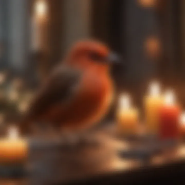 A vibrant bird enjoying a safe environment amidst candles