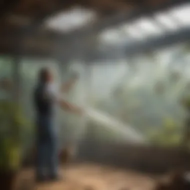 A bird-keeper installing water misters in an aviary.