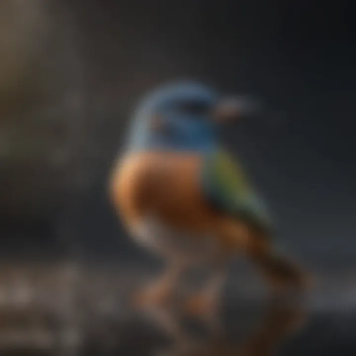 Close-up of a bird enjoying the cool mist from a water mister.