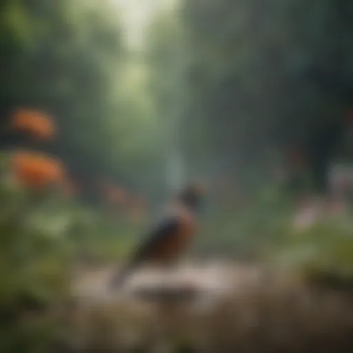 A vibrant garden with water misters creating a refreshing mist for birds.