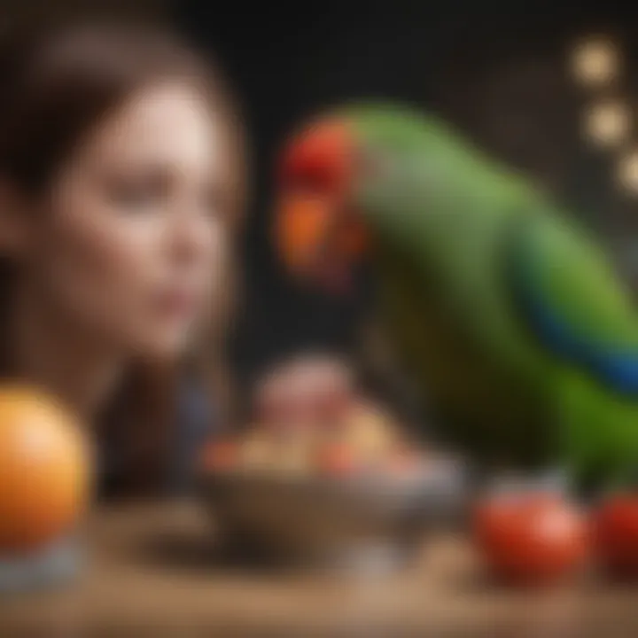 Eclectus parrot interacting with its owner during feeding time