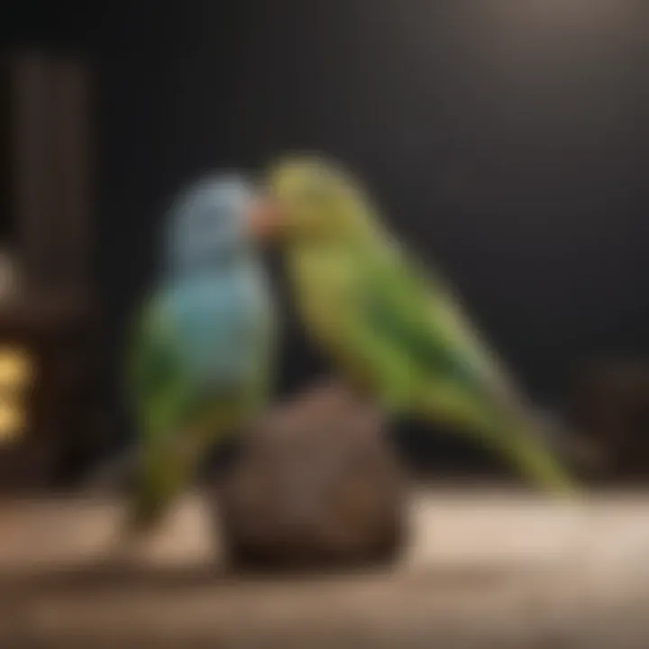 Two parakeets engaging in playful interaction