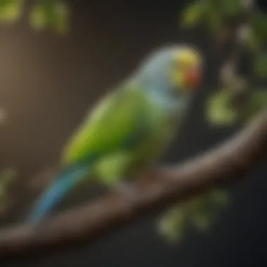 A vibrant parakeet perched on a branch