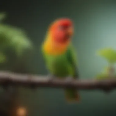 A vibrant lovebird perched on a branch, showcasing its colorful feathers.