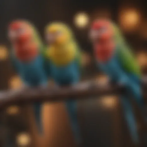 Colorful parakeets perched together