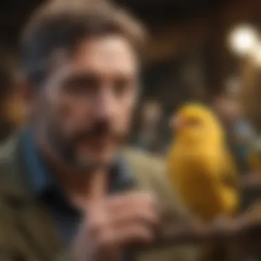 Bird Breeder with Healthy Feathered Friends A dedicated bird breeder showcasing healthy birds