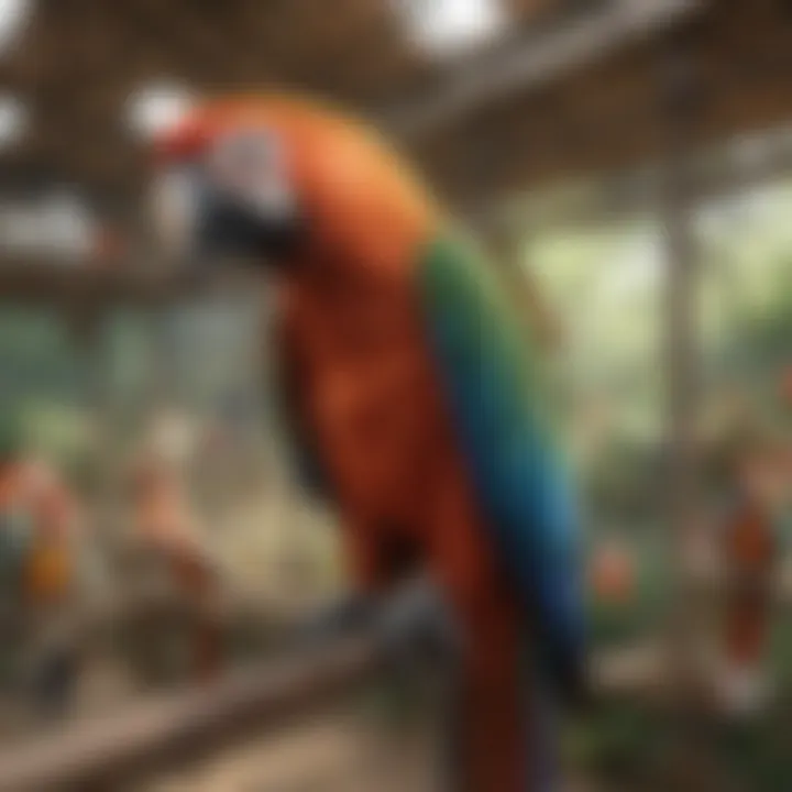 A welcoming animal rescue center with macaws in a spacious aviary.