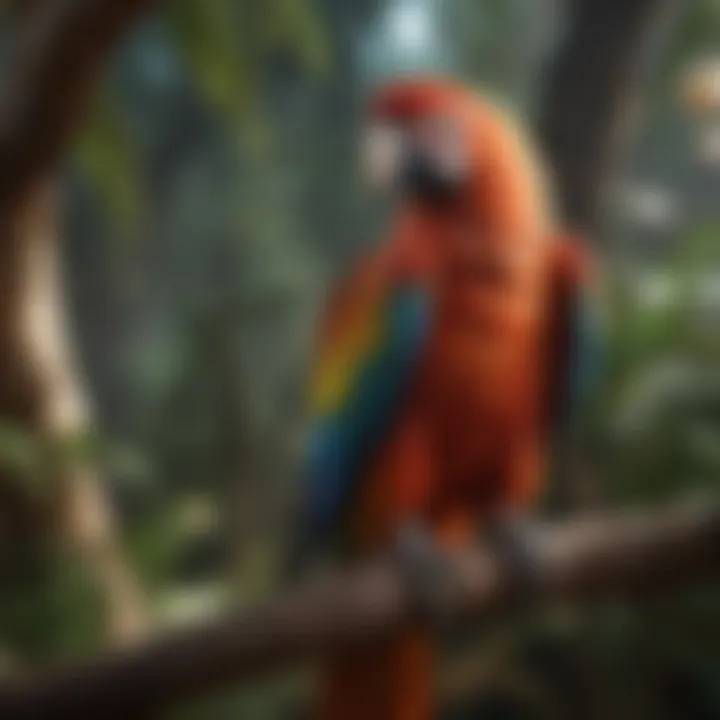 A vibrant macaw perched on a branch, showcasing its colorful feathers.