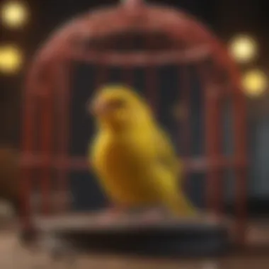 Vibrant canary perched in a colorful cage