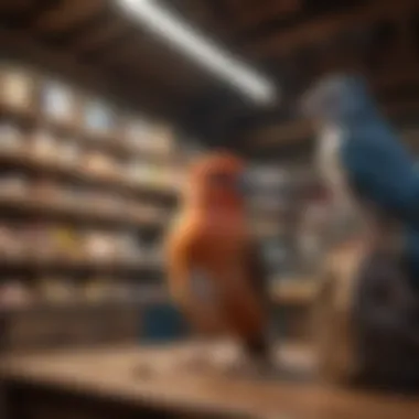 A cozy pet store with various birds