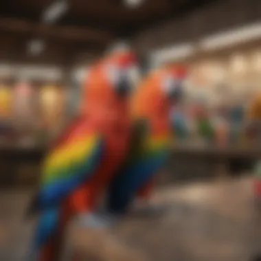 Colorful parrots displayed in a pet store