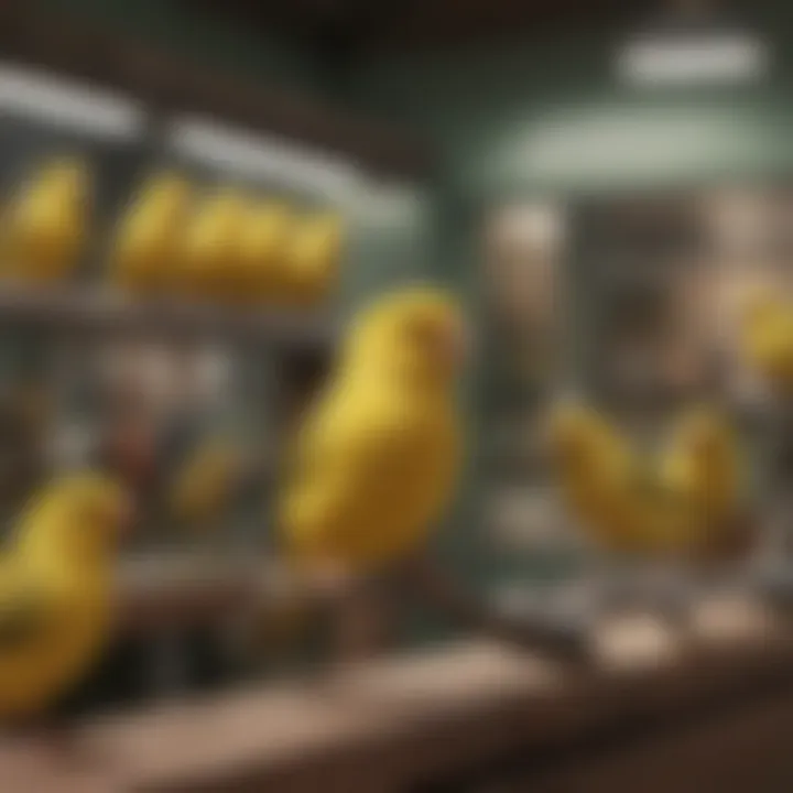 A selection of canaries in a bird shop, highlighting diverse colors and breeds.