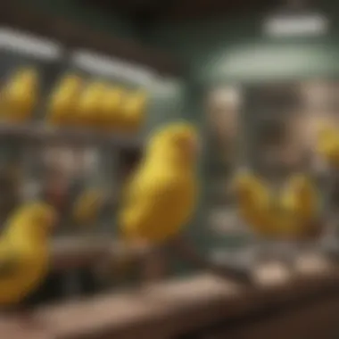 Diverse Canaries in a Bird Shop A selection of canaries in a bird shop, highlighting diverse colors and breeds.