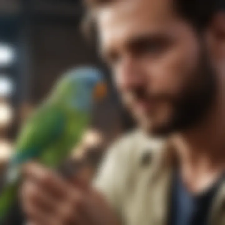 Healthy parakeet interacting with its owner