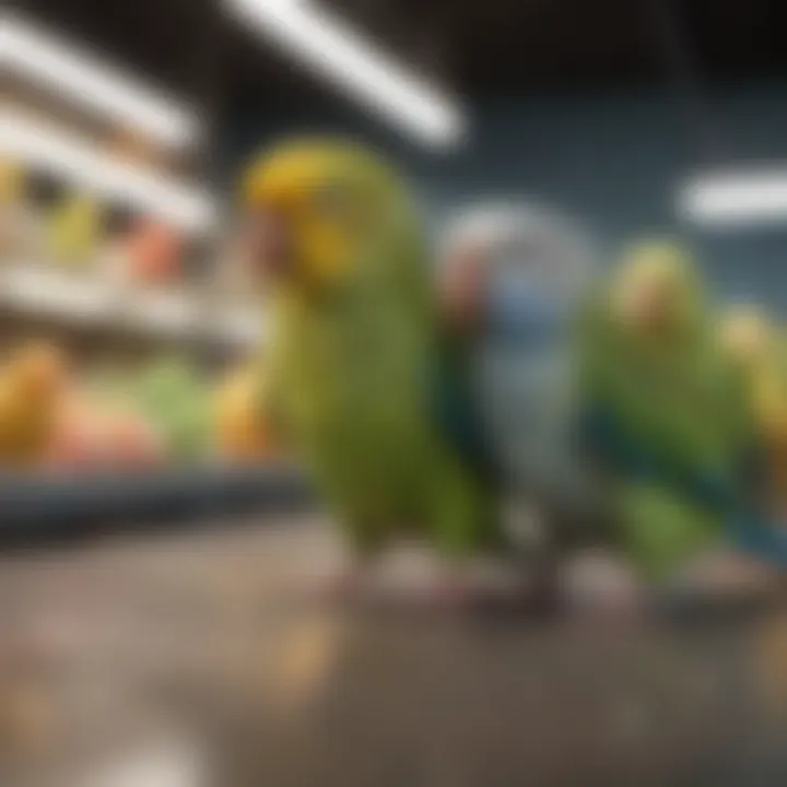 A selection of parakeets in a pet store