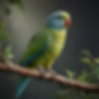 A vibrant parakeet perched on a branch