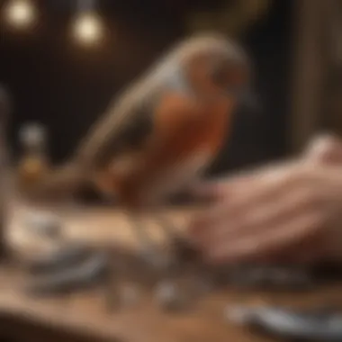 Bird owner holding a bird while a groomer clips nails