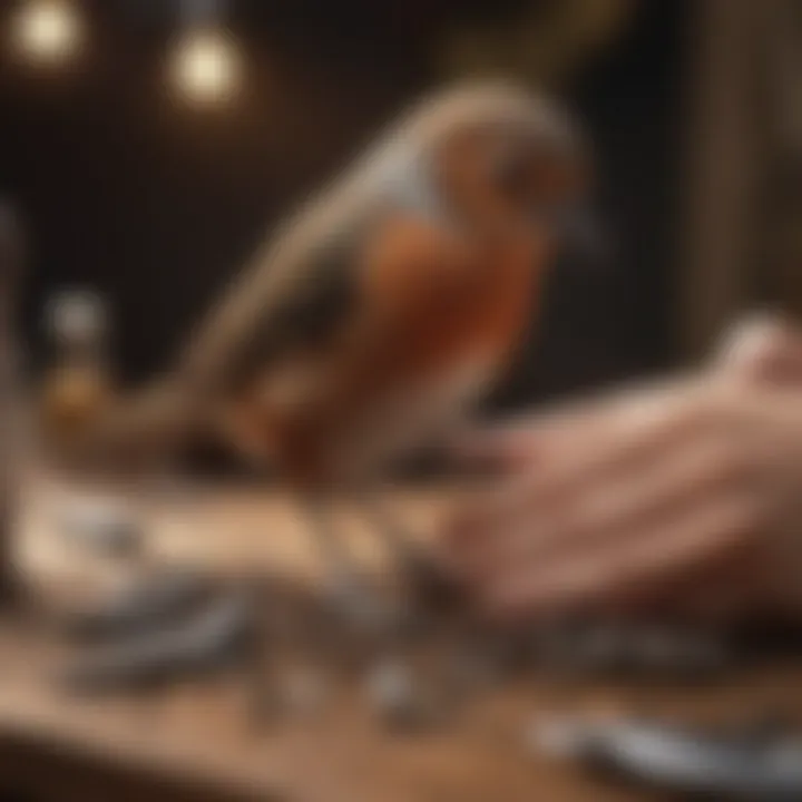 Bird owner holding a bird while a groomer clips nails