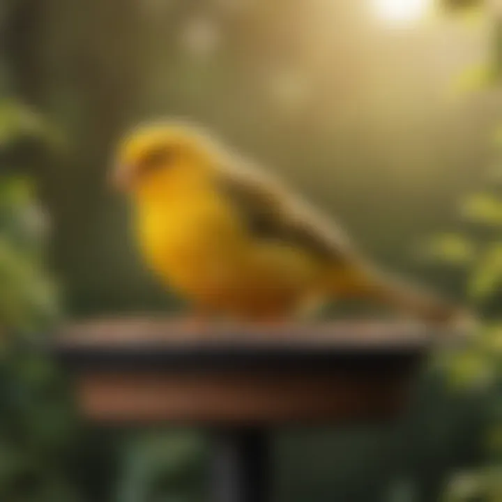 A close-up of a yellow bird feeding on seeds in a feeder