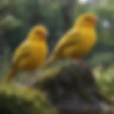 A serene landscape featuring yellow birds in their natural habitat