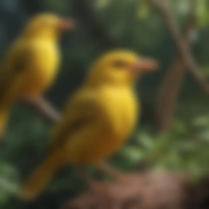 An illustration showcasing different species of yellow birds in their habitats